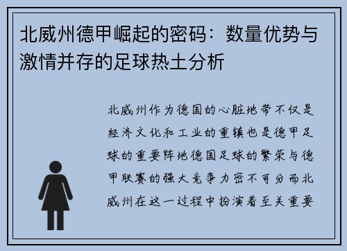 北威州德甲崛起的密码：数量优势与激情并存的足球热土分析