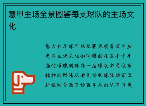 意甲主场全景图鉴每支球队的主场文化