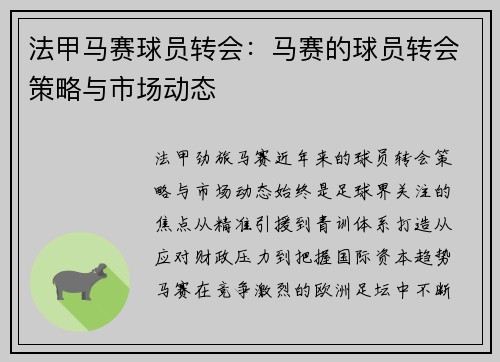 法甲马赛球员转会：马赛的球员转会策略与市场动态