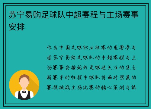苏宁易购足球队中超赛程与主场赛事安排